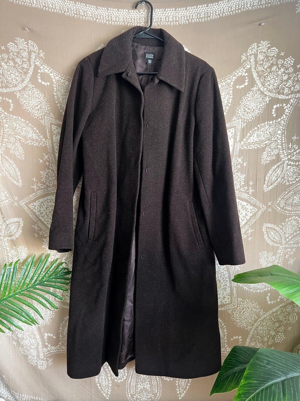 Eileen Fisher Felted Wool Long Coat Dark Brown Size S